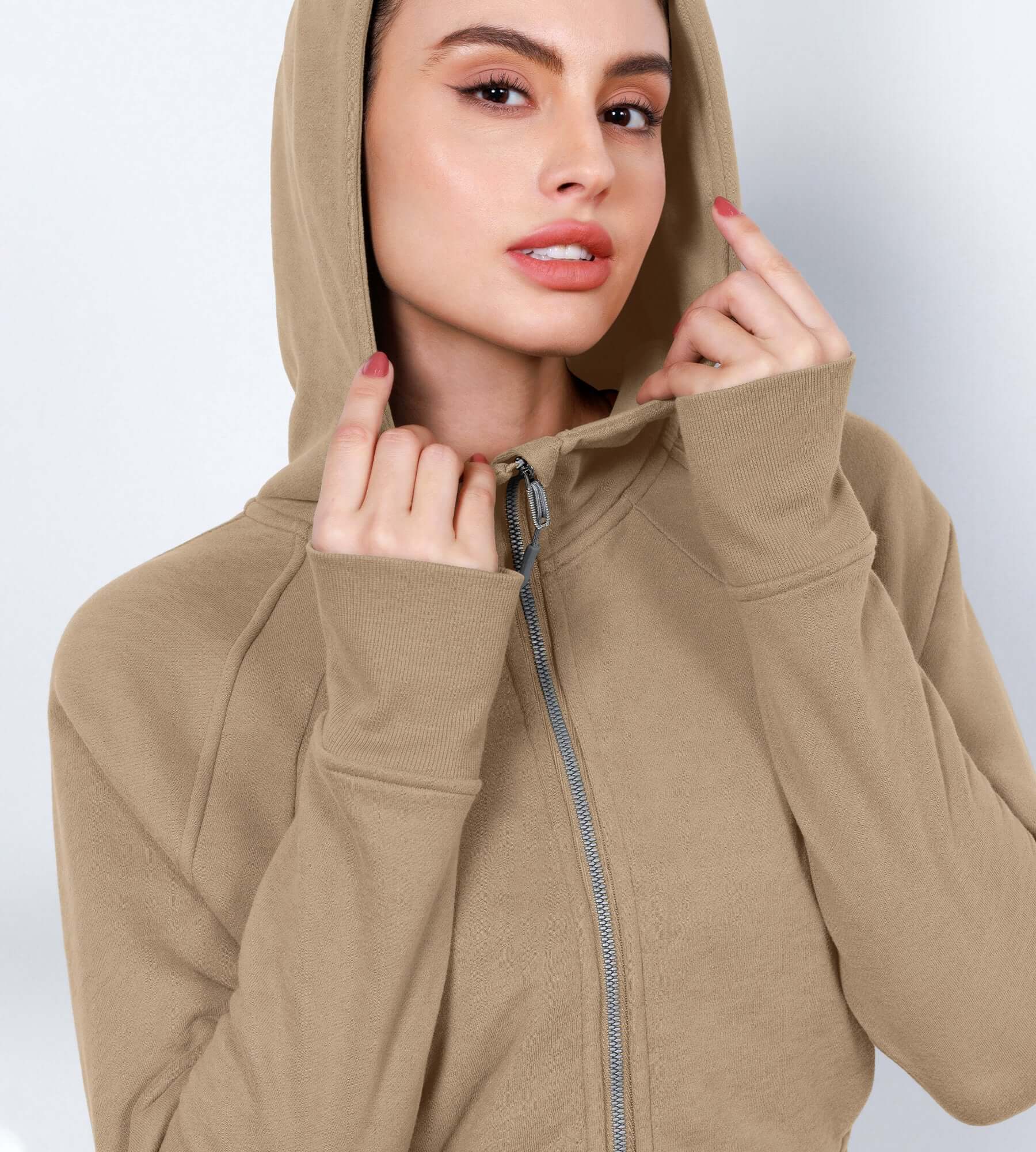 Women's Full Zipper Cropped Thumb Hole Hoodies - ododos