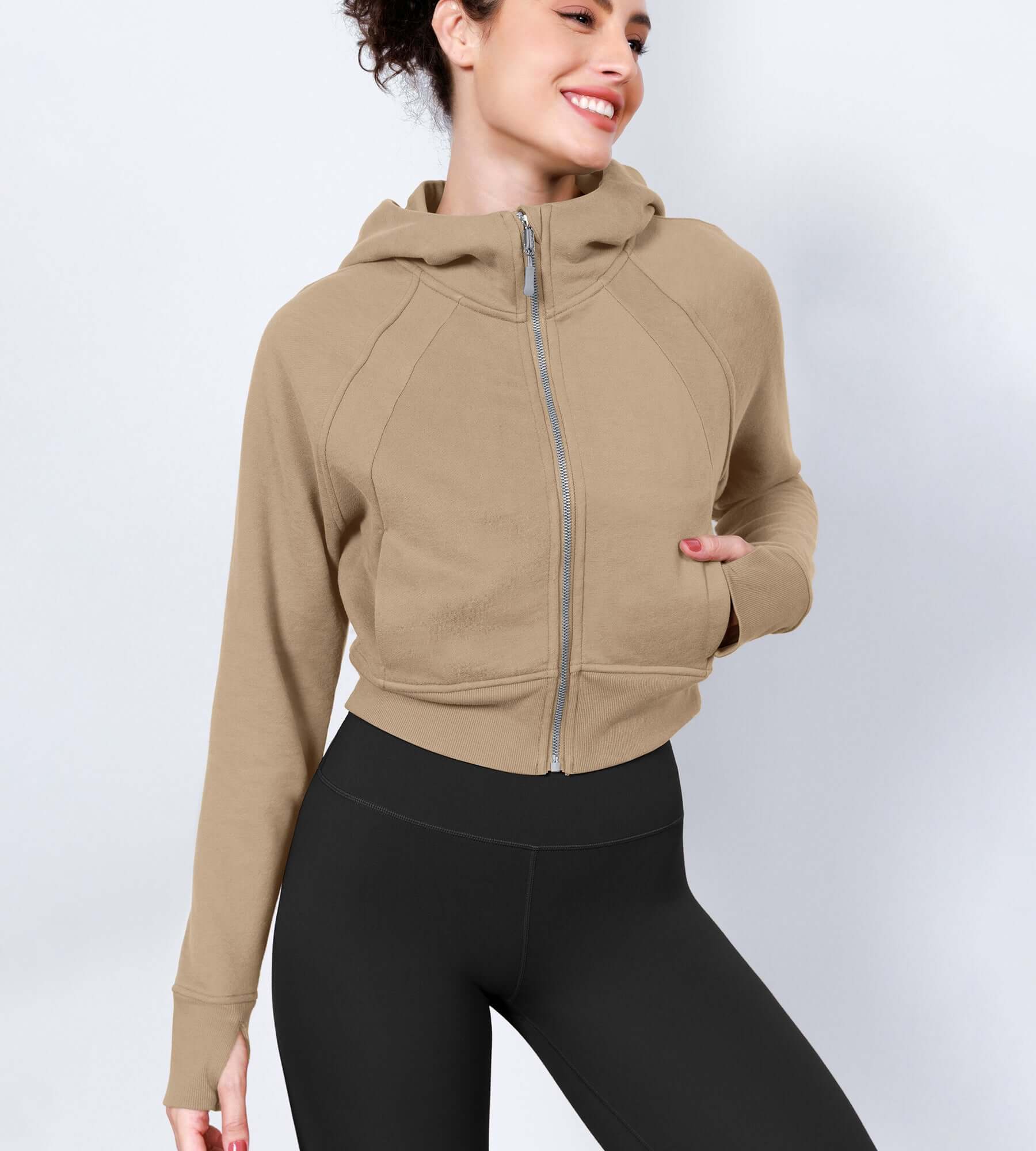 Women's Full Zipper Cropped Thumb Hole Hoodies - ododos