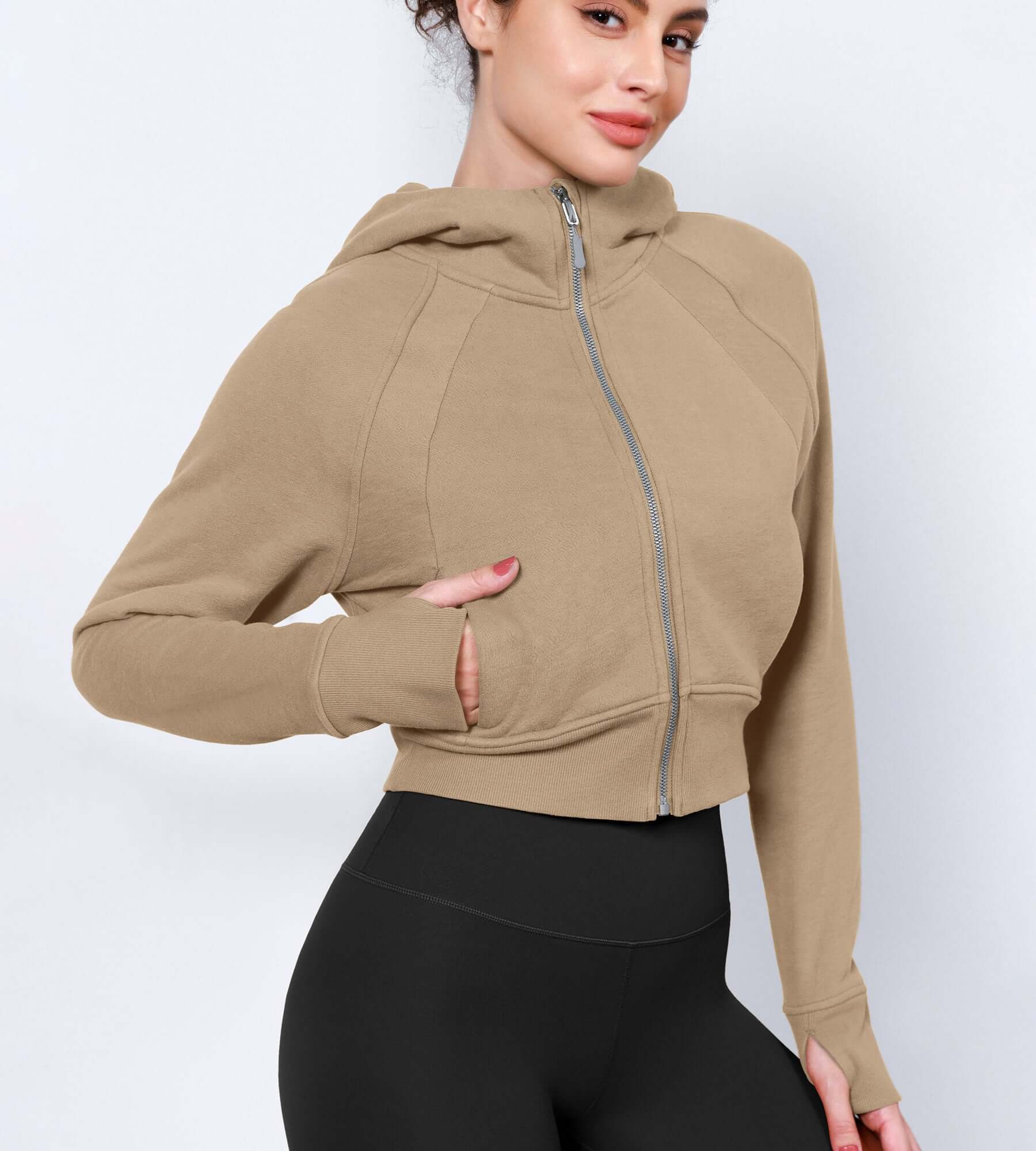 Women's Full Zipper Cropped Thumb Hole Hoodies Khaki - ododos