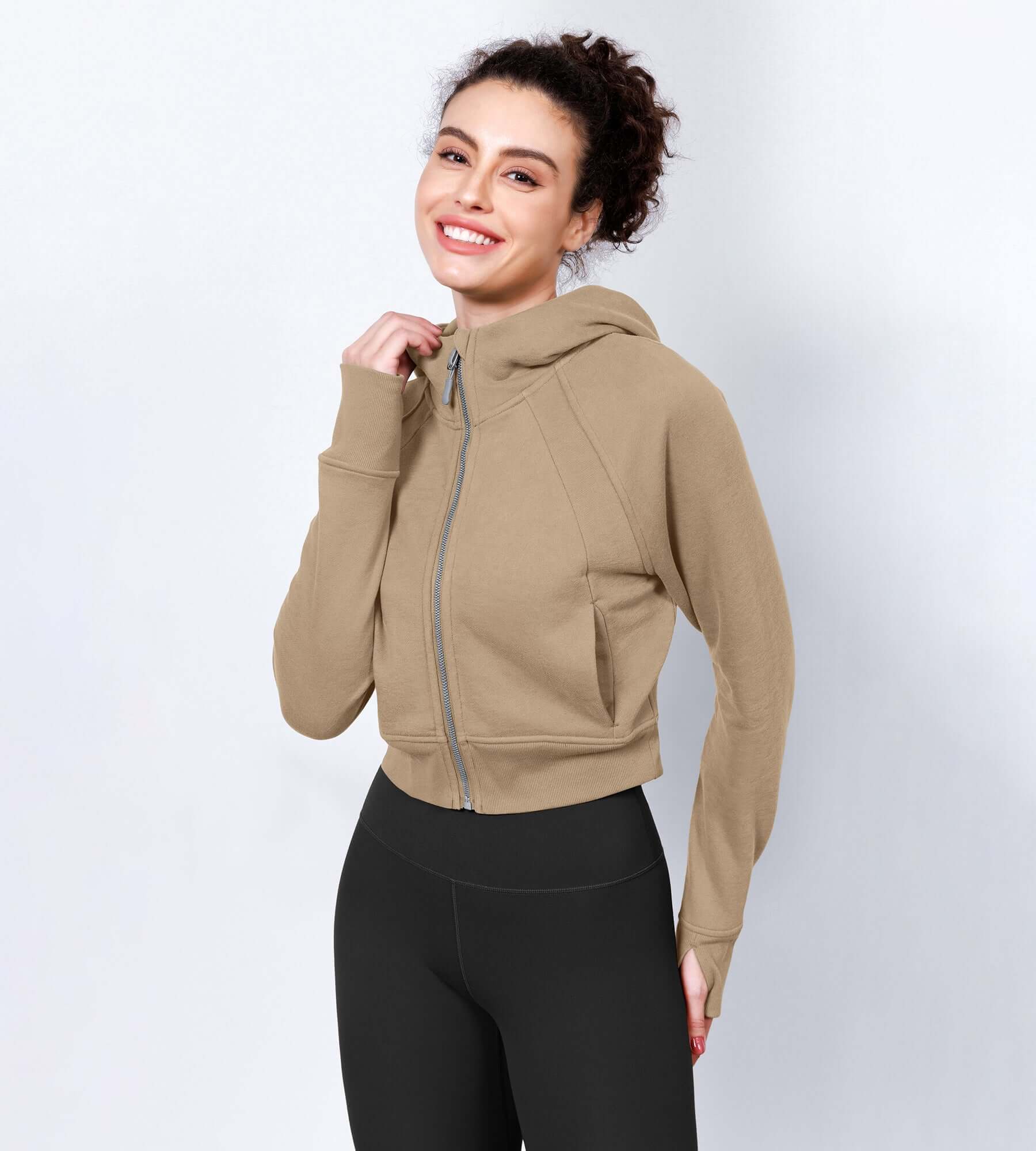 Women's Full Zipper Cropped Thumb Hole Hoodies - ododos