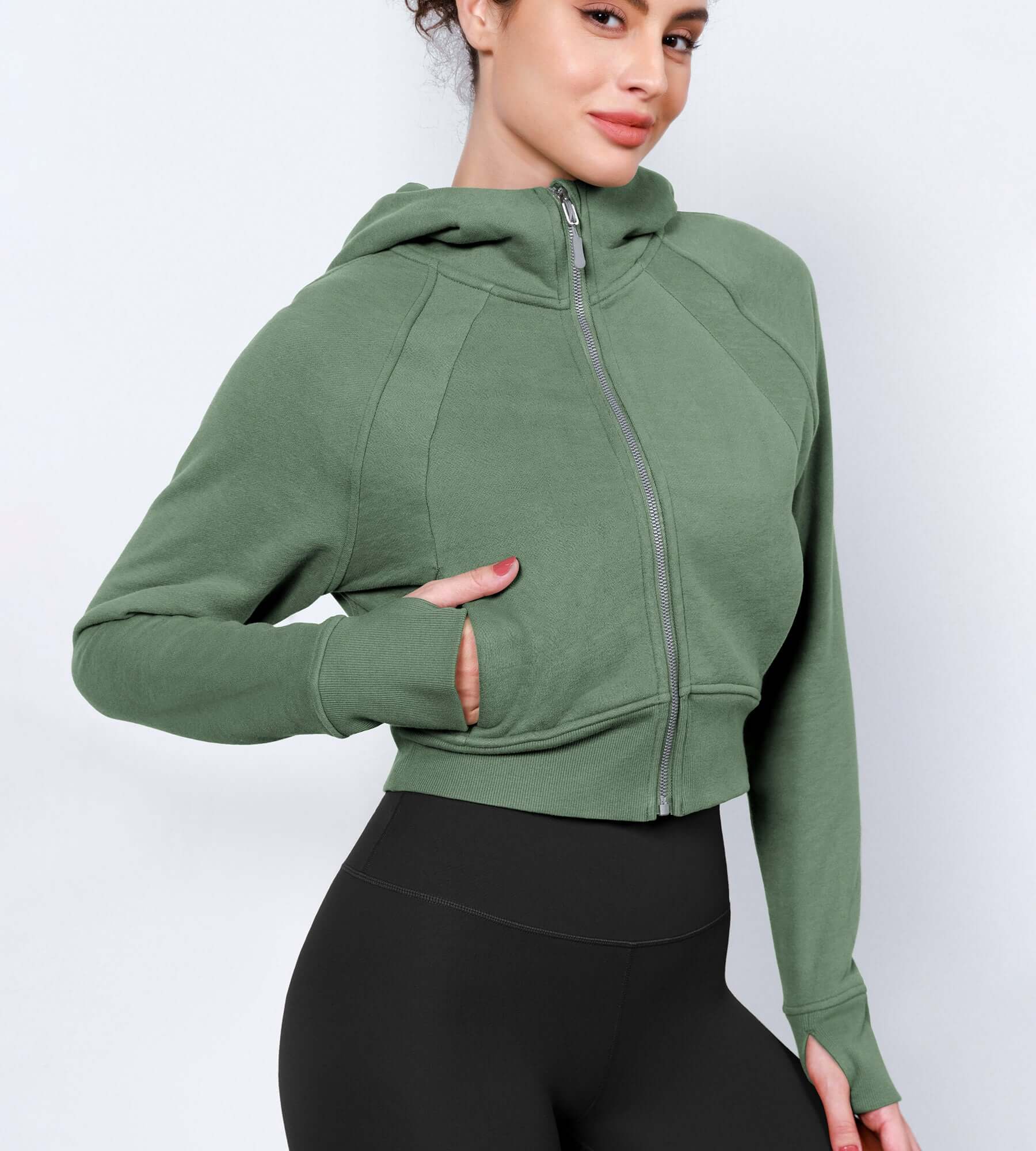 Women's Full Zipper Cropped Thumb Hole Hoodies Medium Olive - ododos