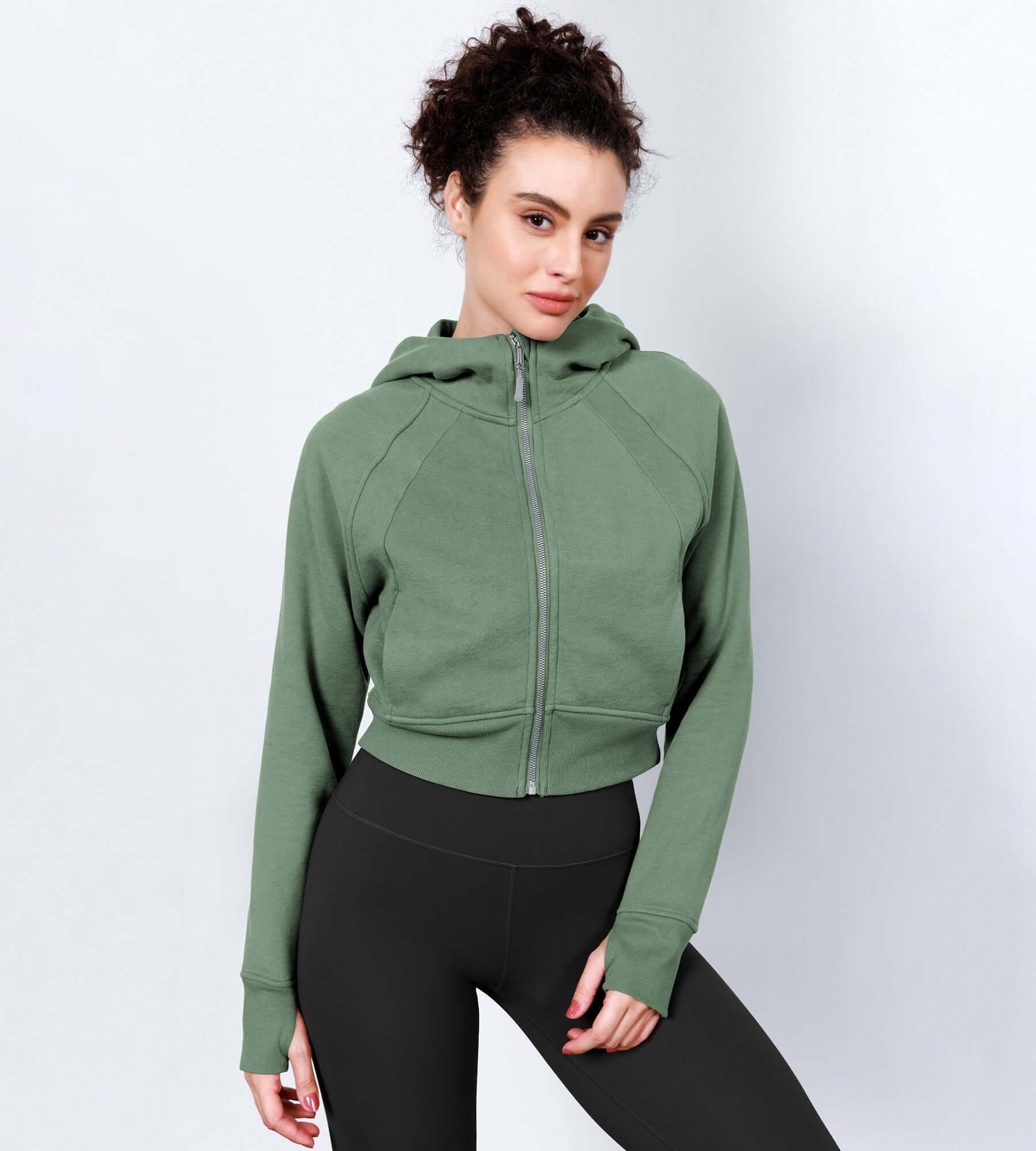 Women's Full Zipper Cropped Thumb Hole Hoodies - ododos