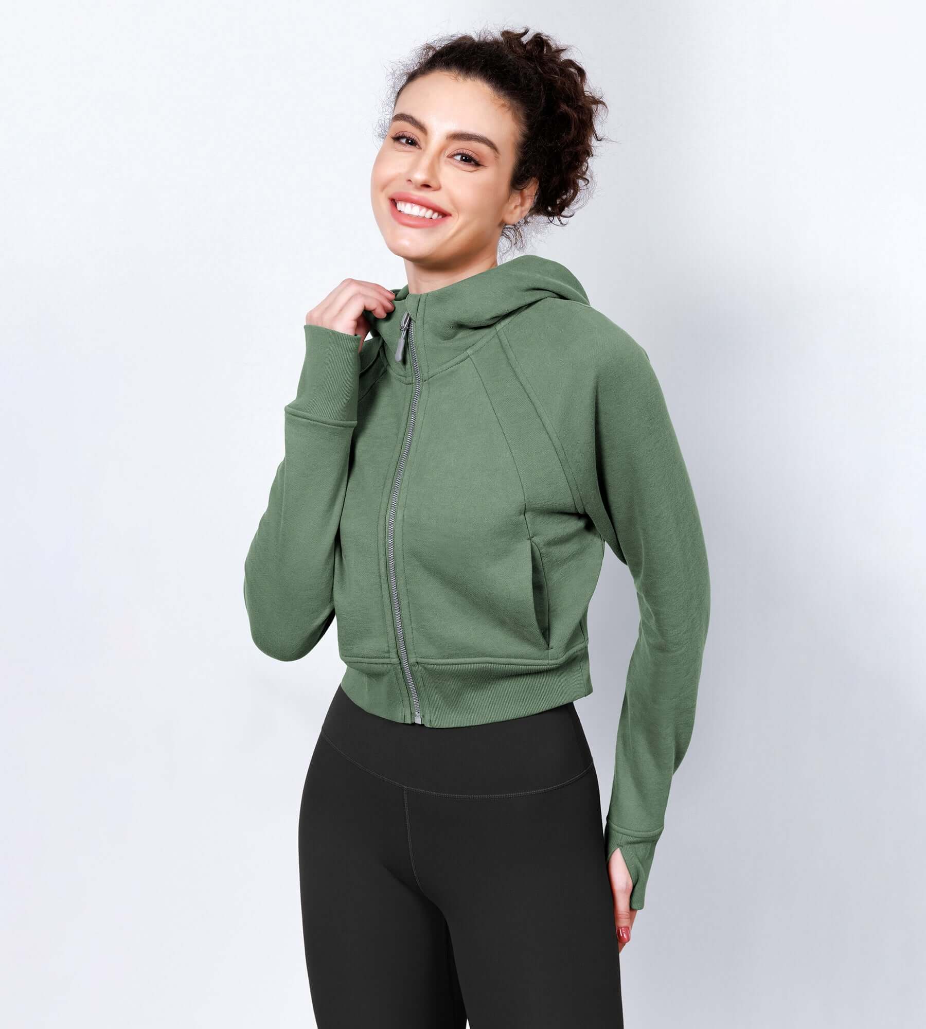 Women's Full Zipper Cropped Thumb Hole Hoodies - ododos