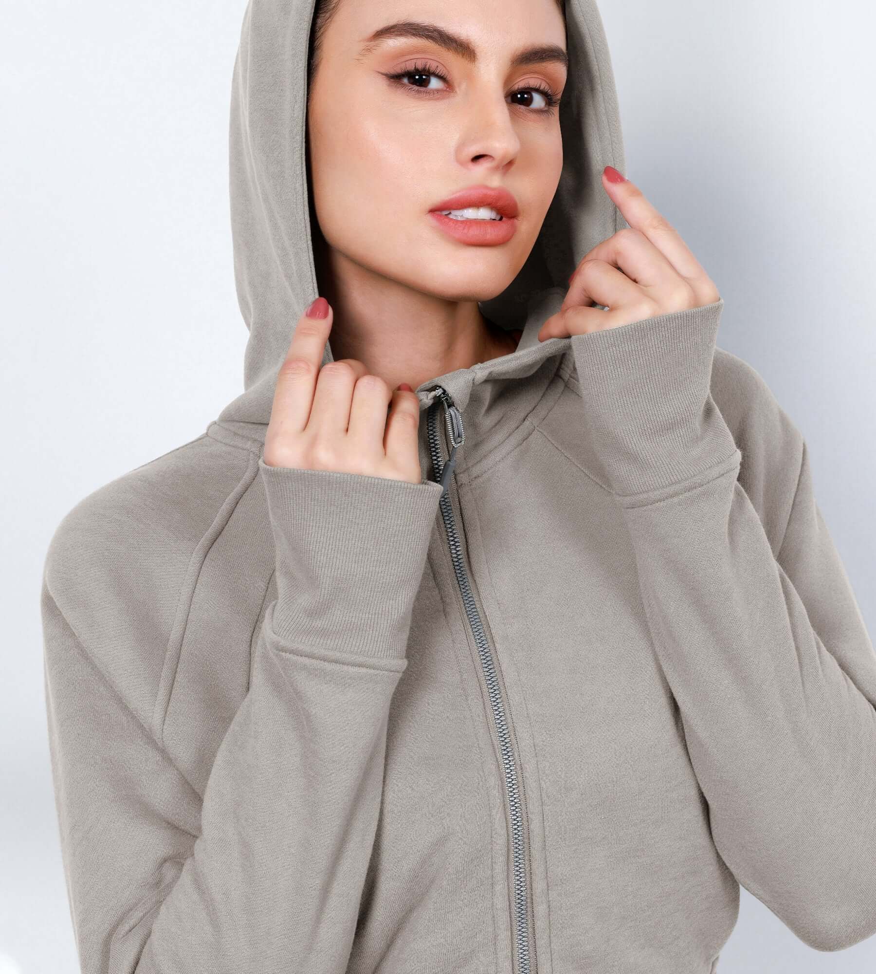 Women's Full Zipper Cropped Thumb Hole Hoodies - ododos