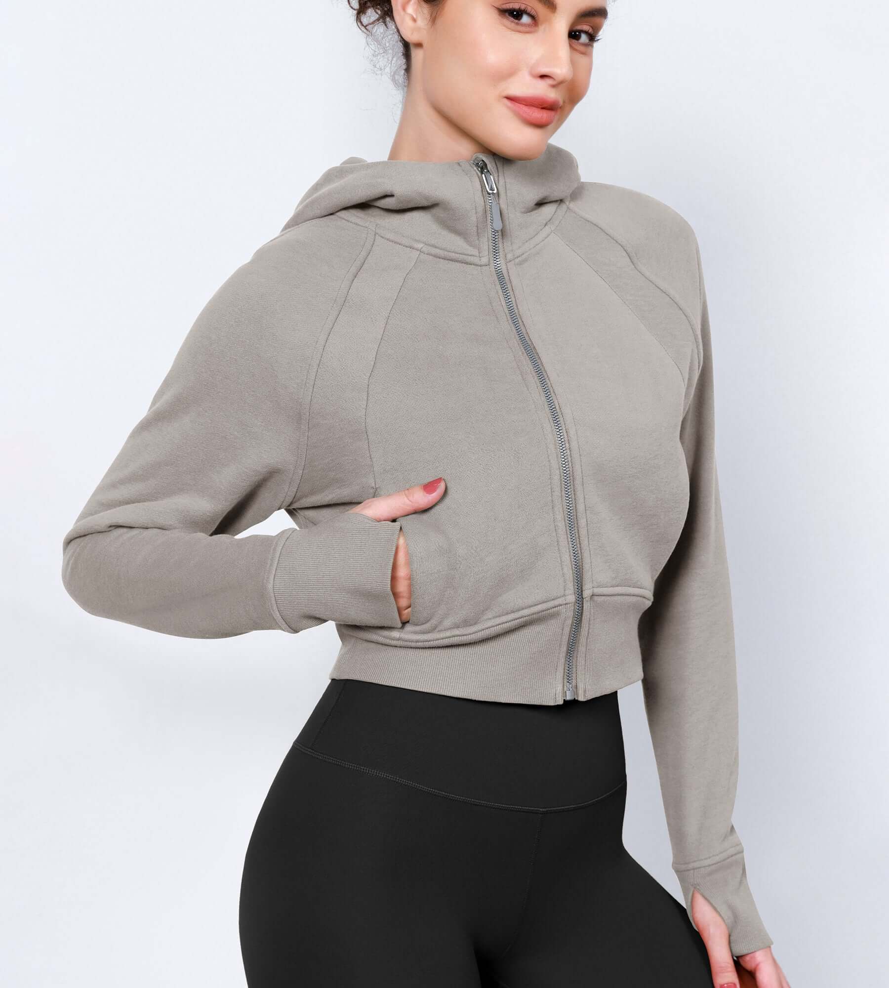 Women's Full Zipper Cropped Thumb Hole Hoodies mushroom - ododos