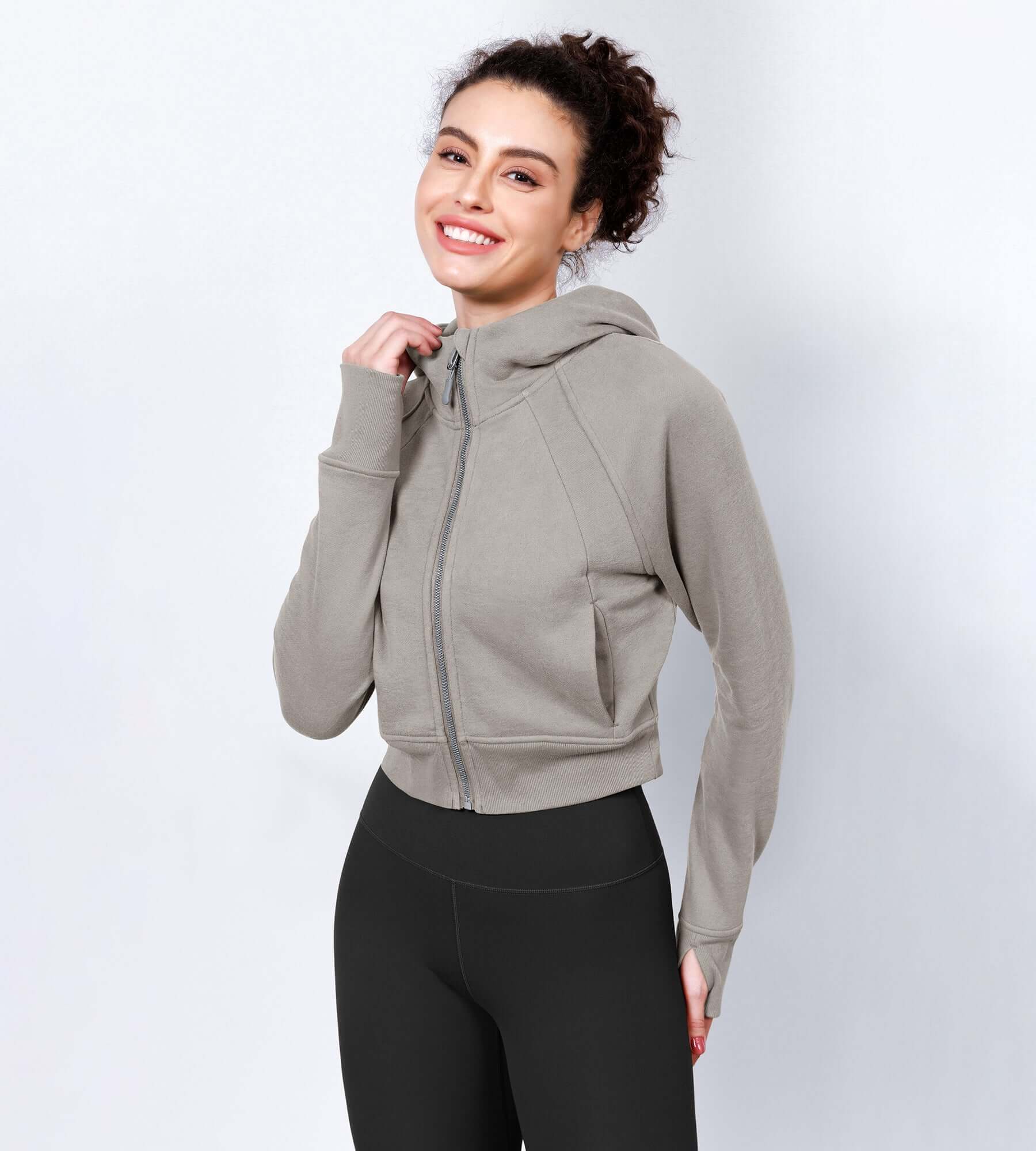 Women's Full Zipper Cropped Thumb Hole Hoodies - ododos