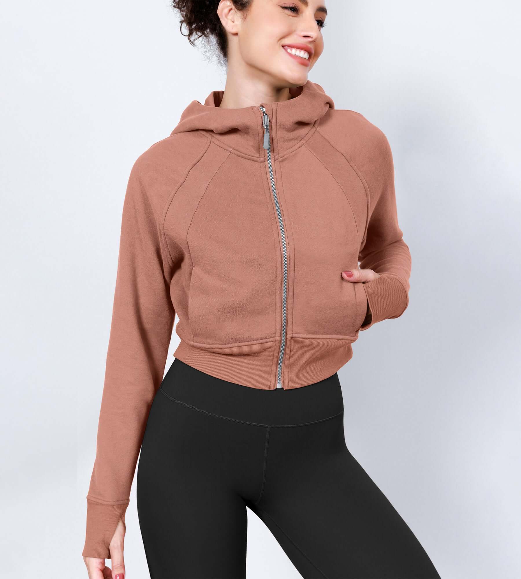 Women's Full Zipper Cropped Thumb Hole Hoodies - ododos