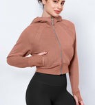 Women's Full Zipper Cropped Thumb Hole Hoodies Muted Clay - ododos