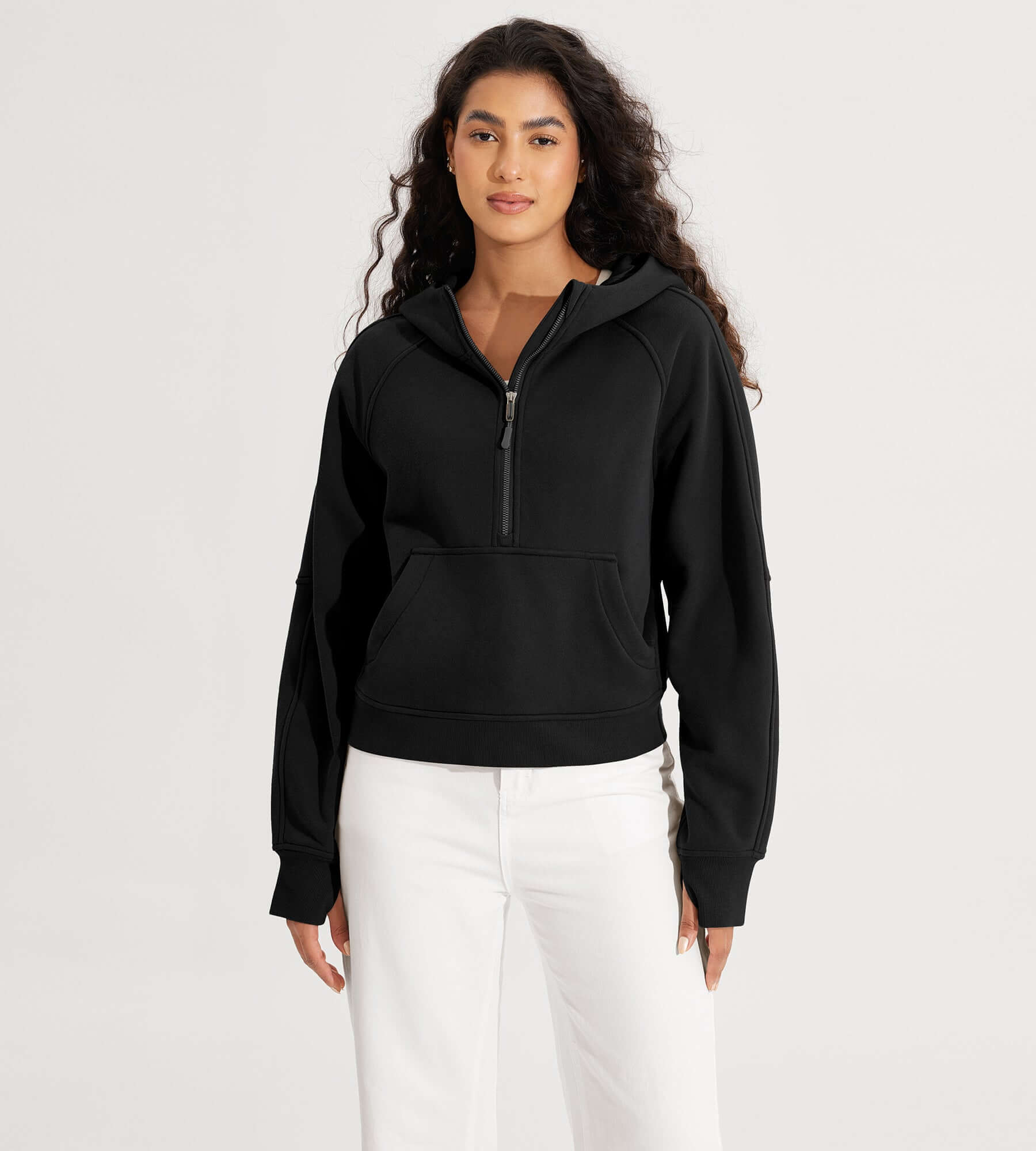 Half-Zip Fleece Lined Cropped Hoodies With Thumb Hole Black - ododos