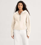 Half-Zip Fleece Lined Cropped Hoodies With Thumb Hole Cream - ododos