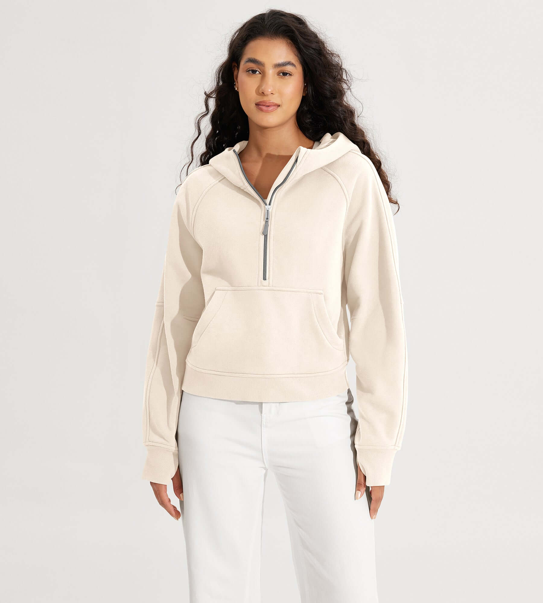 Half-Zip Fleece Lined Cropped Hoodies With Thumb Hole Cream - ododos