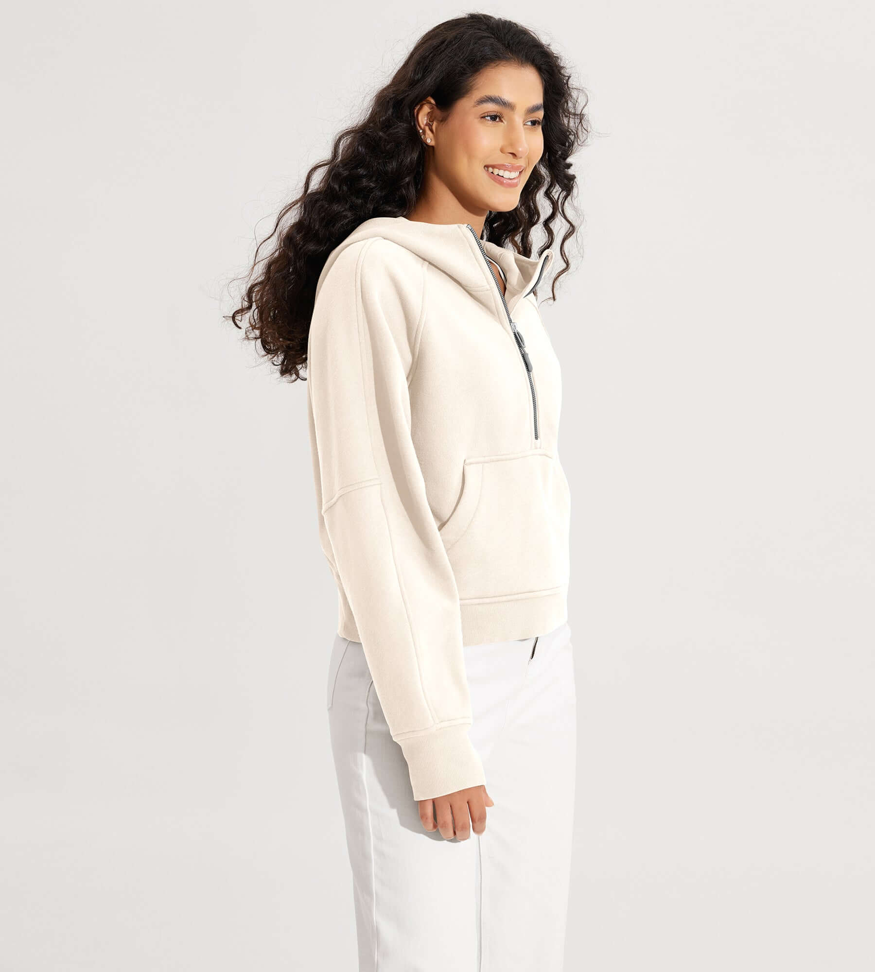 Half-Zip Fleece Lined Cropped Hoodies With Thumb Hole - ododos