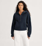 Half-Zip Fleece Lined Cropped Hoodies With Thumb Hole Deep Navy - ododos