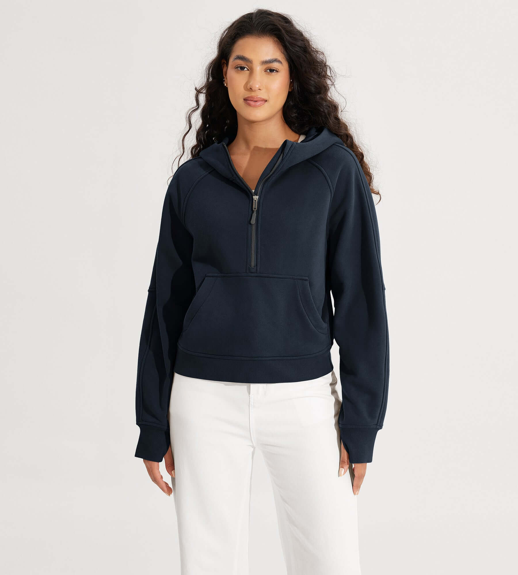 Half-Zip Fleece Lined Cropped Hoodies With Thumb Hole Deep Navy - ododos