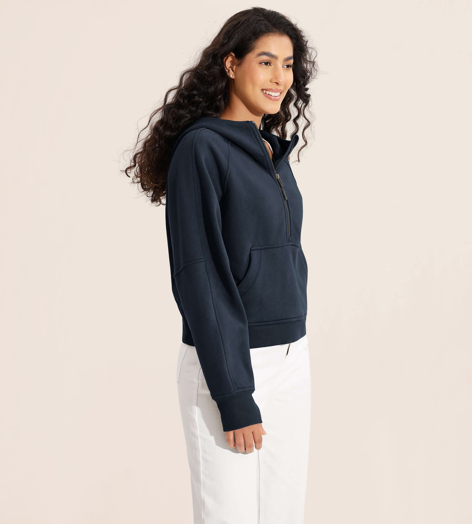 Half-Zip Fleece Lined Cropped Hoodies With Thumb Hole - ododos