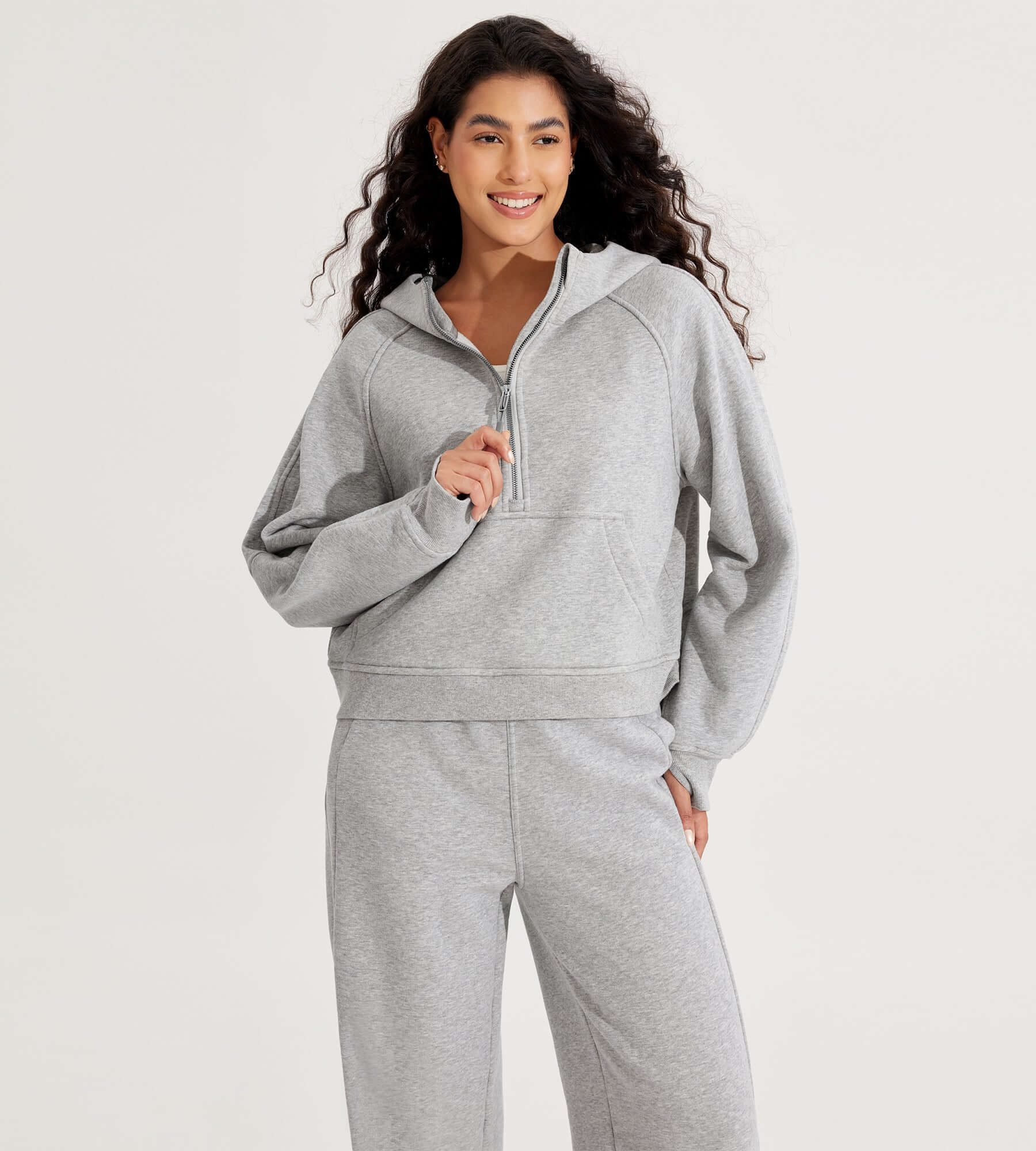 Half-Zip Fleece Lined Cropped Hoodies With Thumb Hole - ododos