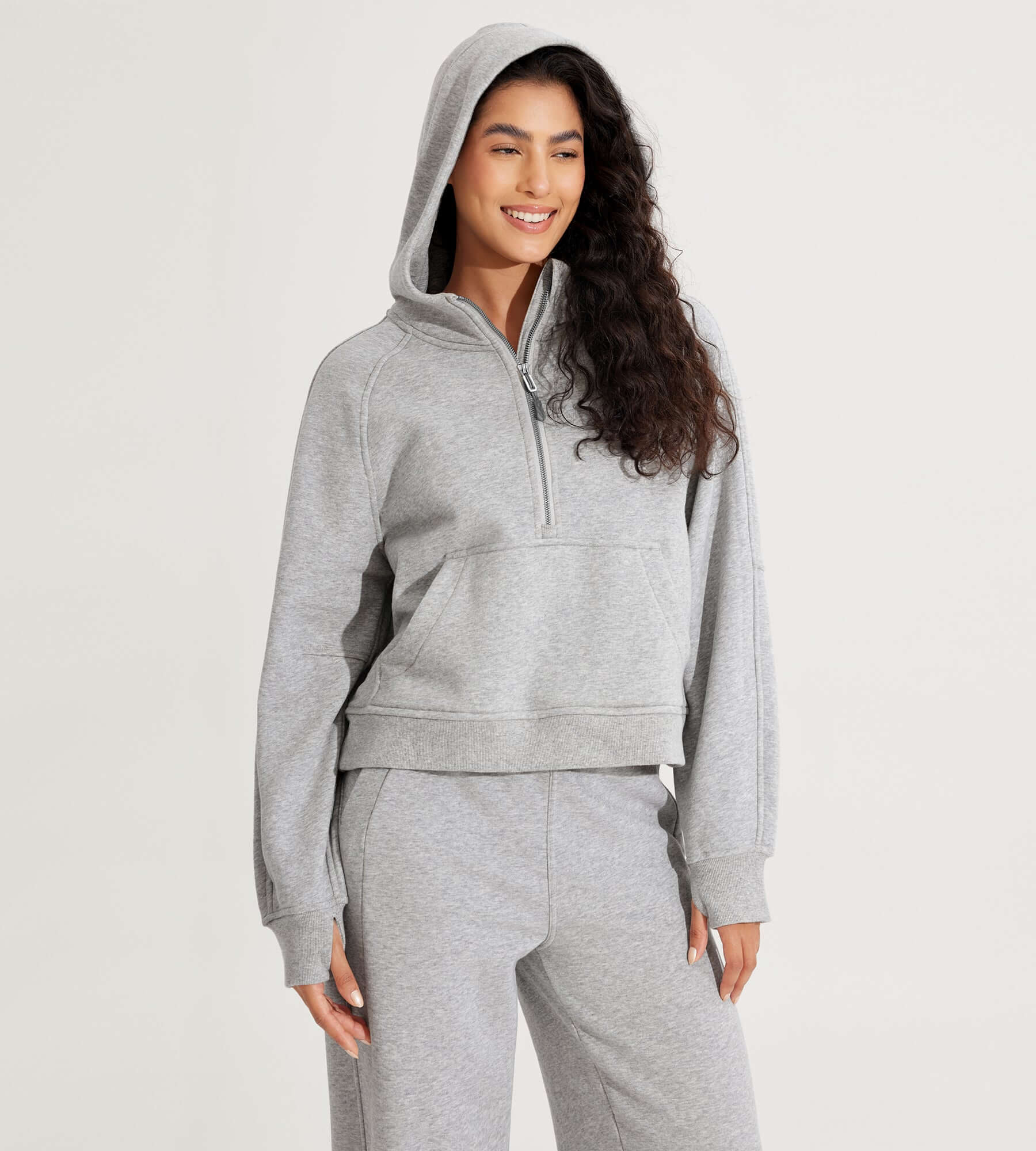 Half-Zip Fleece Lined Cropped Hoodies With Thumb Hole - ododos