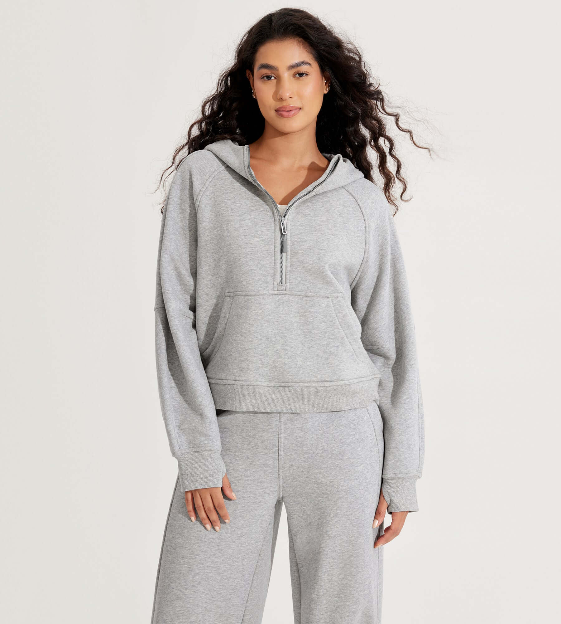 Half-Zip Fleece Lined Cropped Hoodies With Thumb Hole Heather Grey - ododos