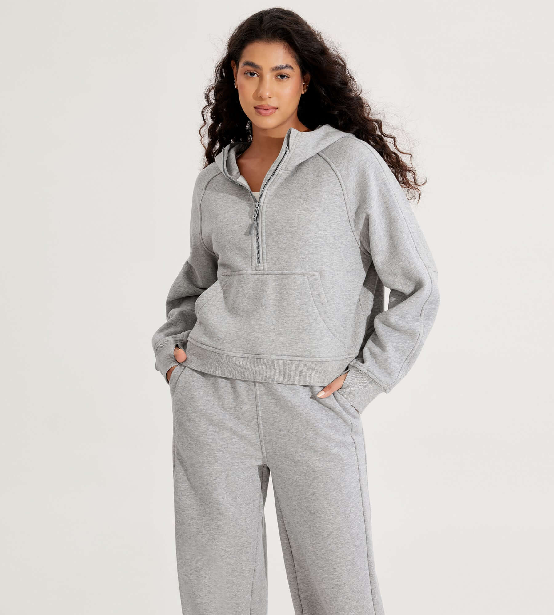 Half-Zip Fleece Lined Cropped Hoodies With Thumb Hole - ododos