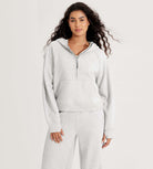 Half-Zip Fleece Lined Cropped Hoodies With Thumb Hole Heather White - ododos