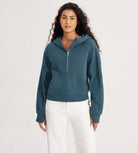 Half-Zip Fleece Lined Cropped Hoodies With Thumb Hole Ink Blue - ododos