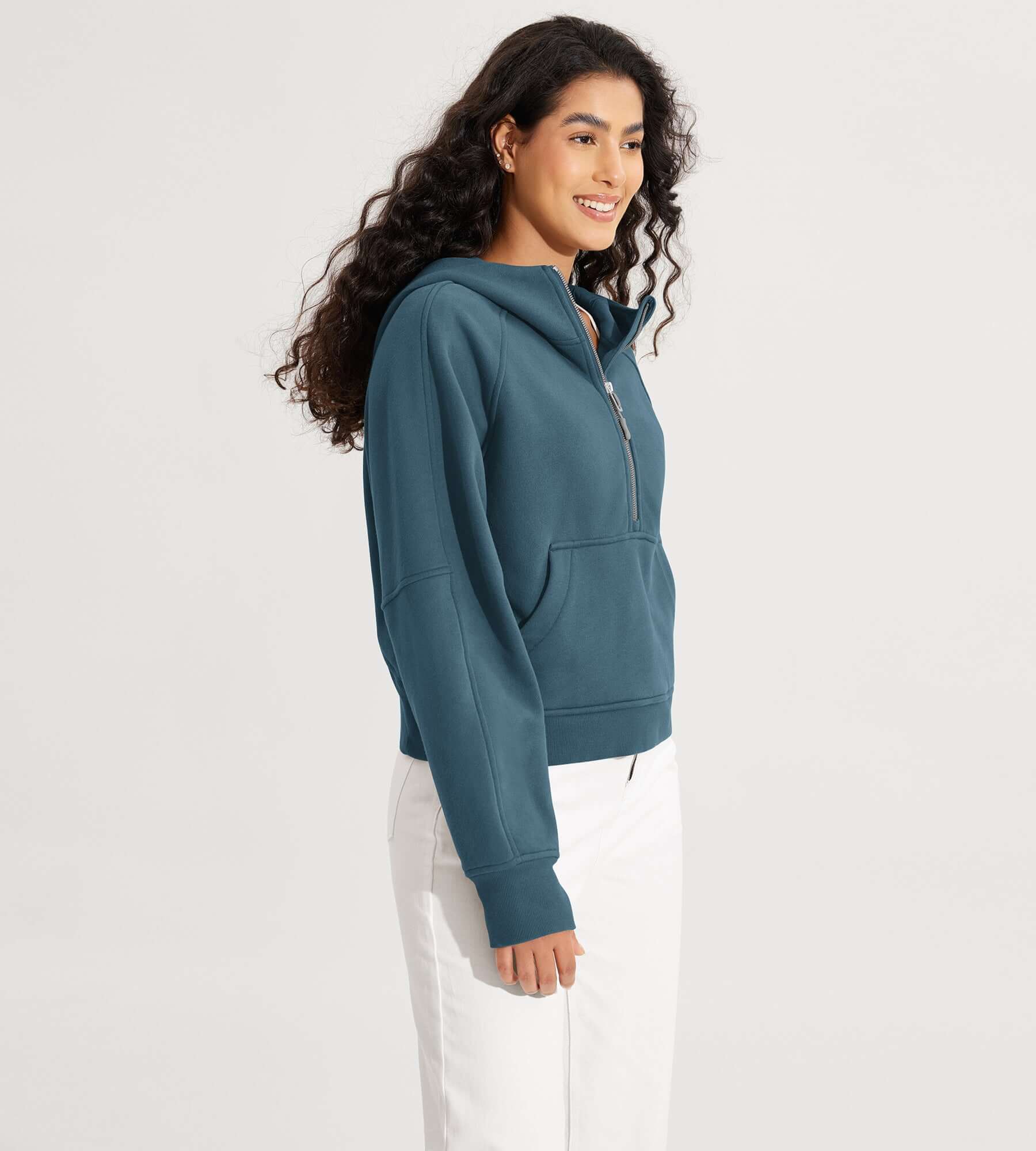 Half-Zip Fleece Lined Cropped Hoodies With Thumb Hole - ododos