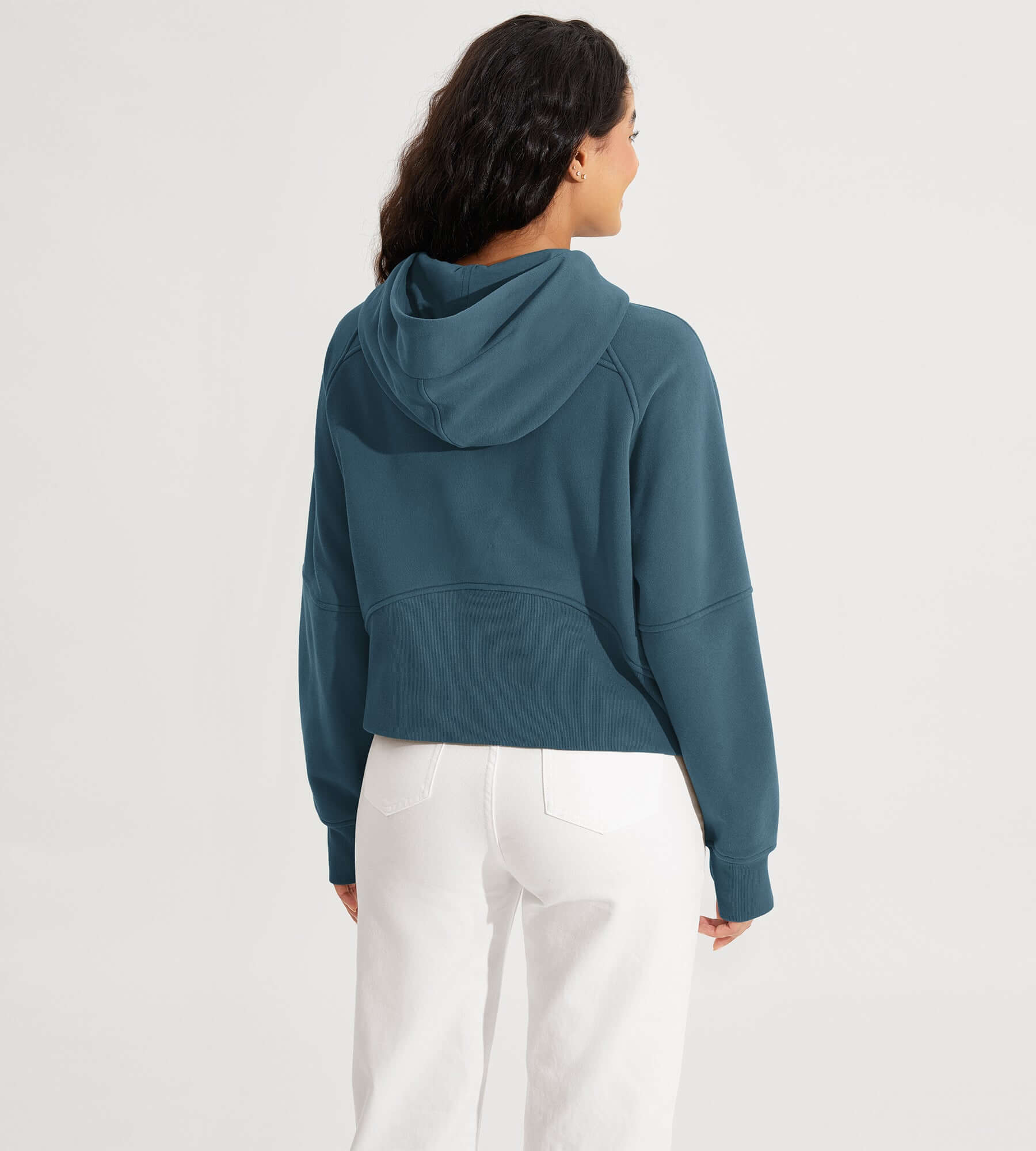 Half-Zip Fleece Lined Cropped Hoodies With Thumb Hole - ododos