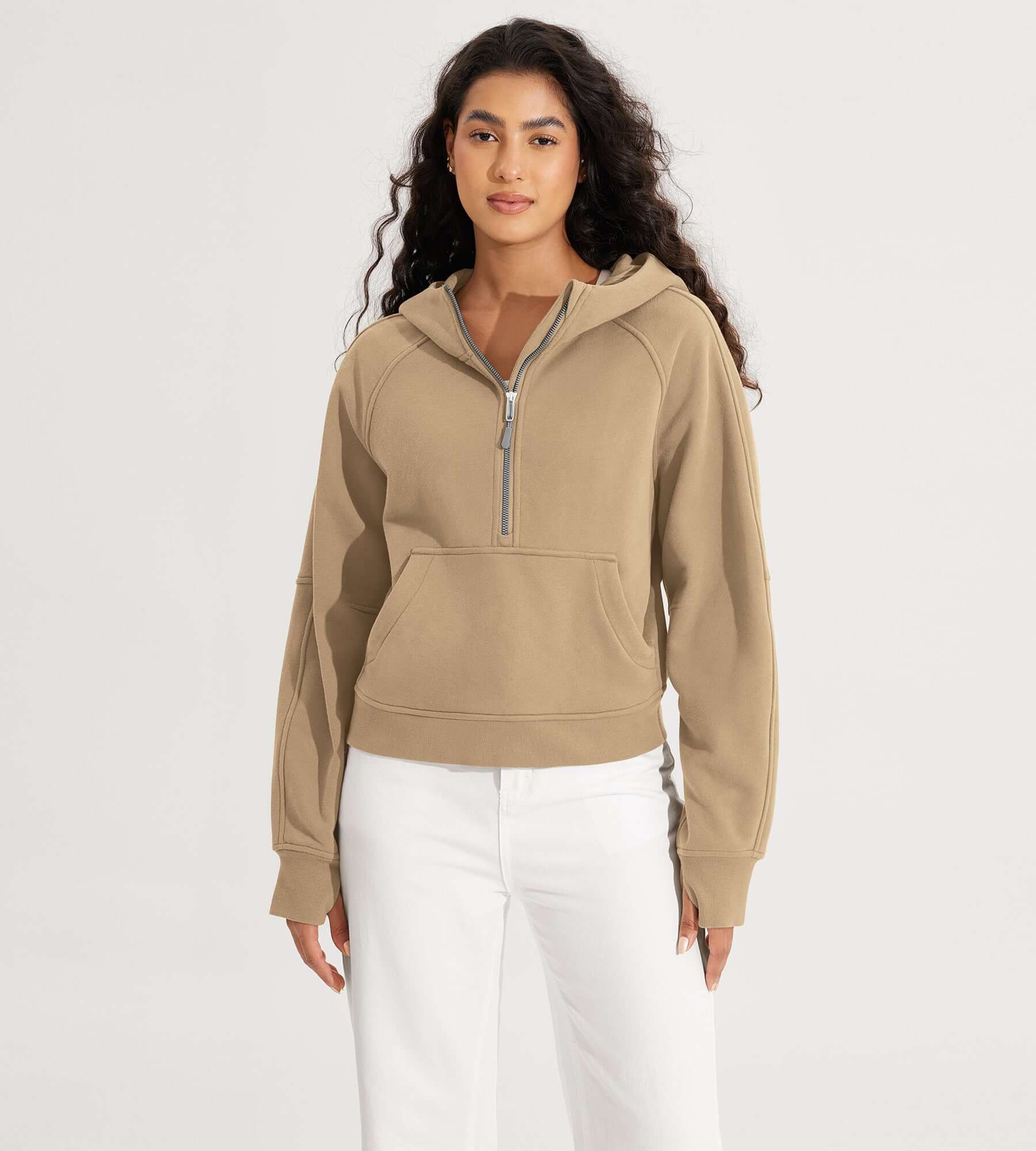 Half-Zip Fleece Lined Cropped Hoodies With Thumb Hole Khaki - ododos