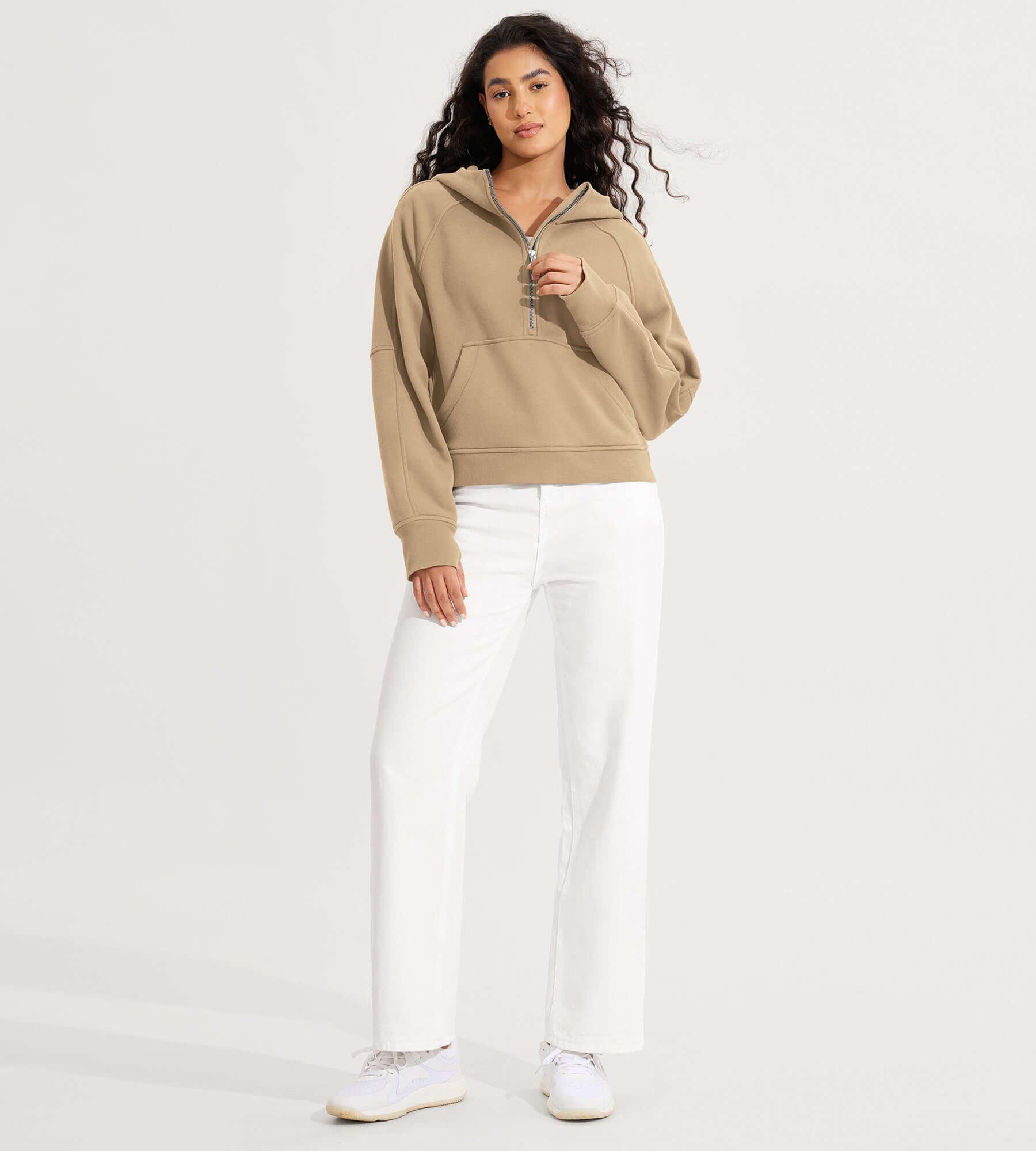 Half-Zip Fleece Lined Cropped Hoodies With Thumb Hole - ododos