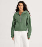 Half-Zip Fleece Lined Cropped Hoodies With Thumb Hole Medium Olive - ododos