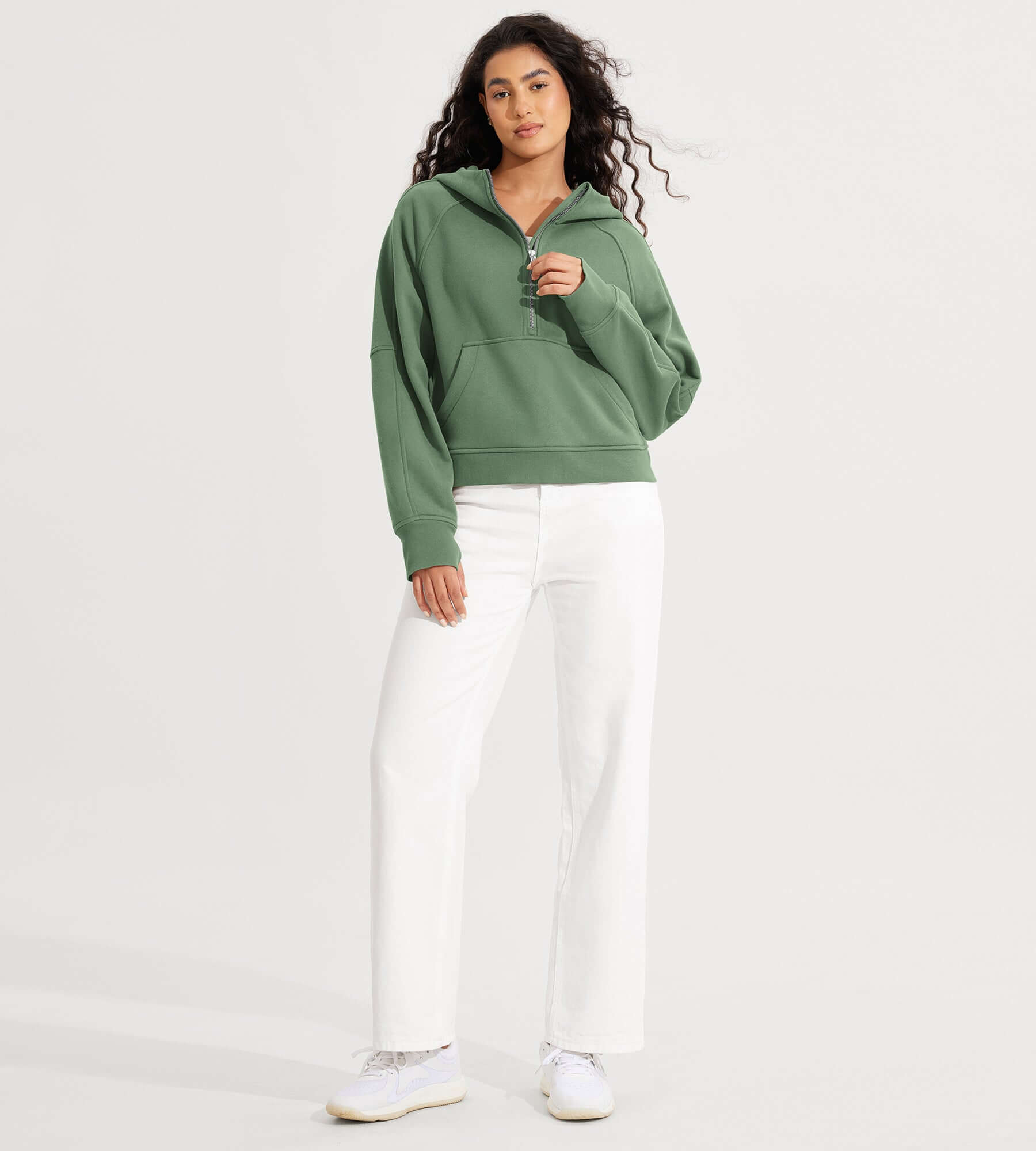 Half-Zip Fleece Lined Cropped Hoodies With Thumb Hole - ododos