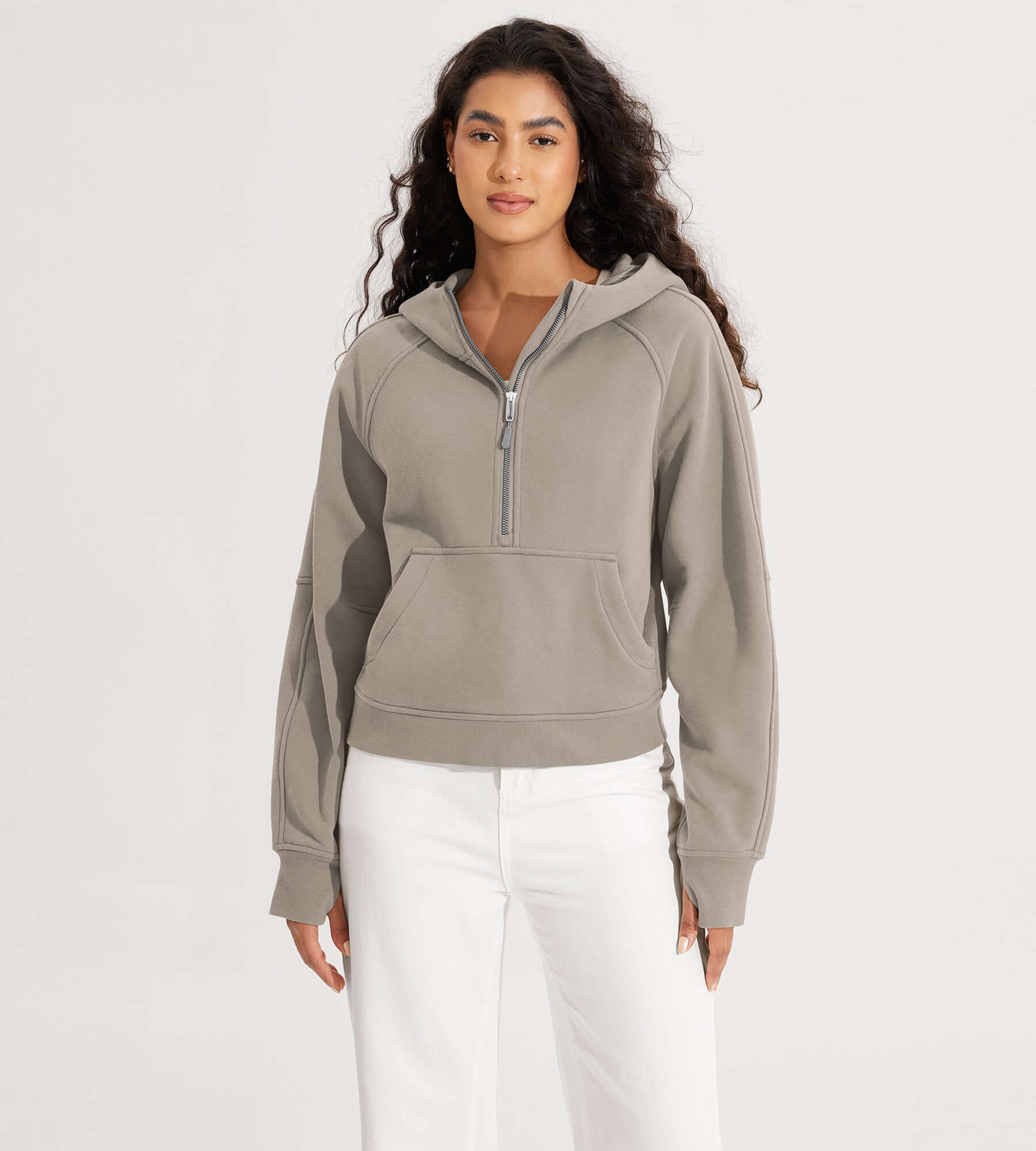 Half-Zip Fleece Lined Cropped Hoodies With Thumb Hole mushroom - ododos