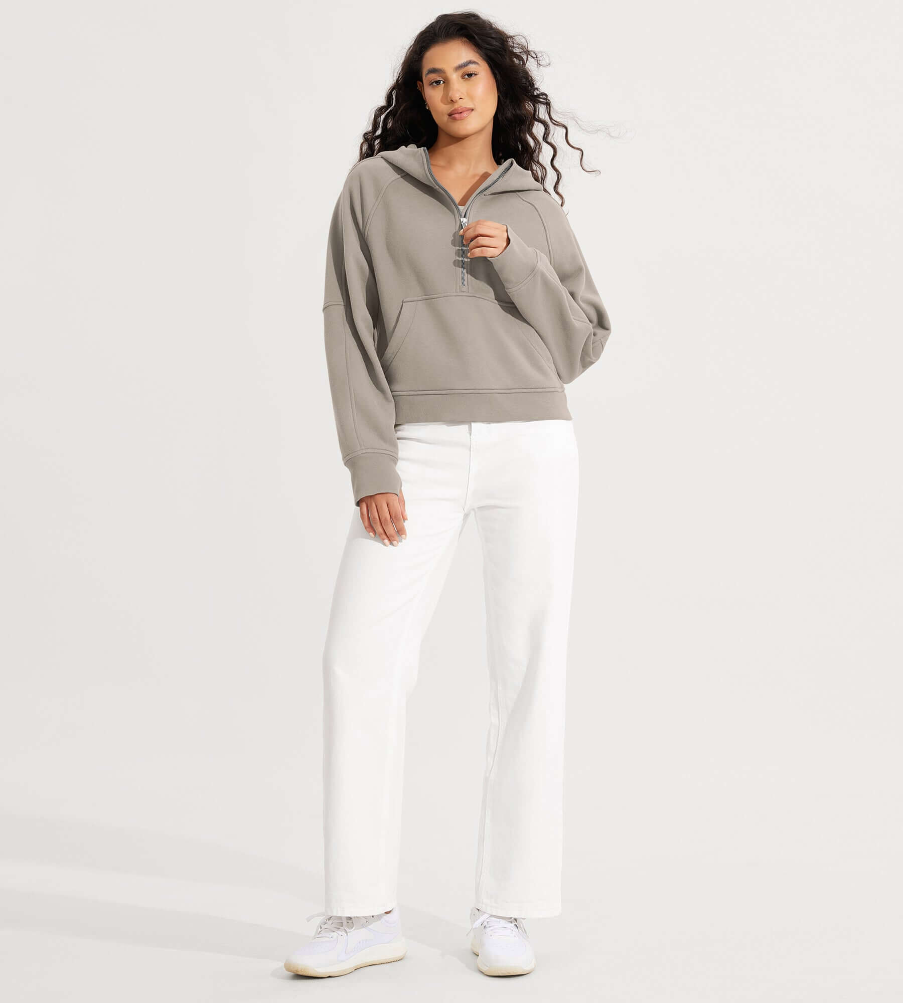 Half-Zip Fleece Lined Cropped Hoodies With Thumb Hole - ododos