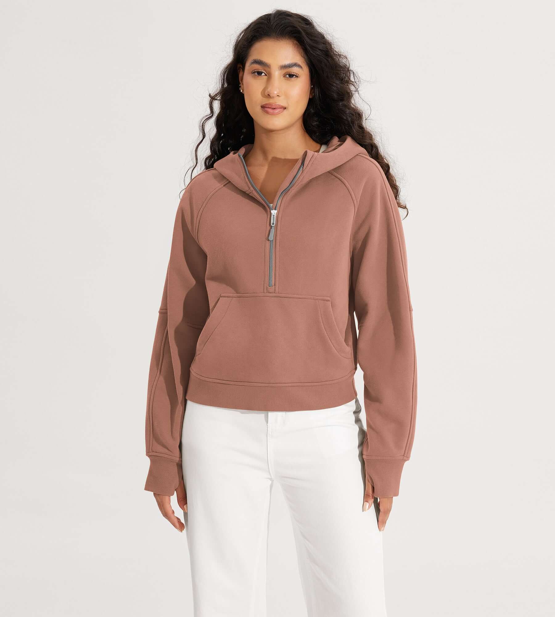 Half-Zip Fleece Lined Cropped Hoodies With Thumb Hole Muted Clay - ododos