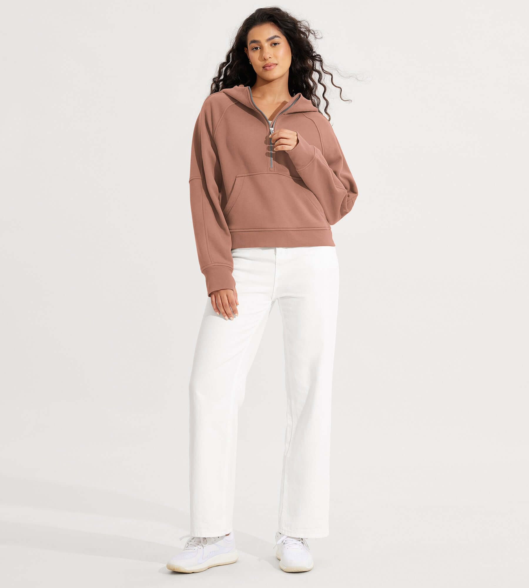 Half-Zip Fleece Lined Cropped Hoodies With Thumb Hole - ododos