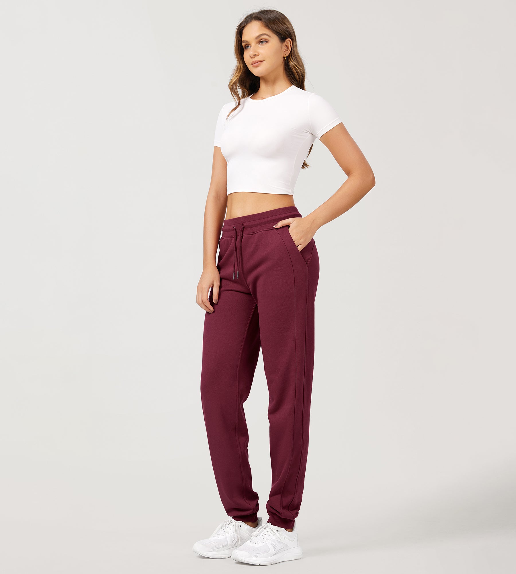 Cotton French Terry Drawstring Casual Sweatpants Burgundy - ododos