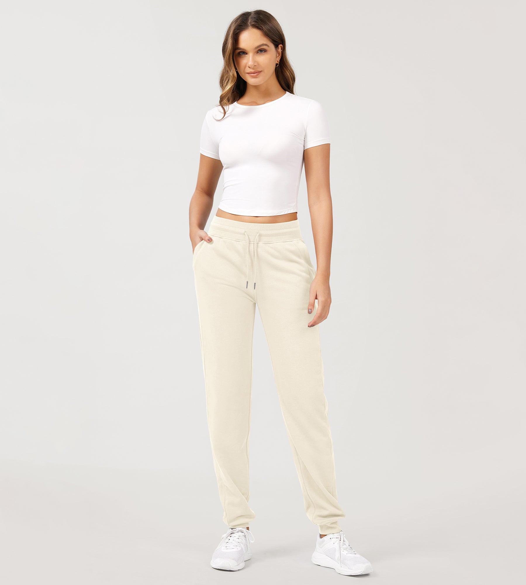 Cotton French Terry Drawstring Casual Sweatpants Cream - ododos