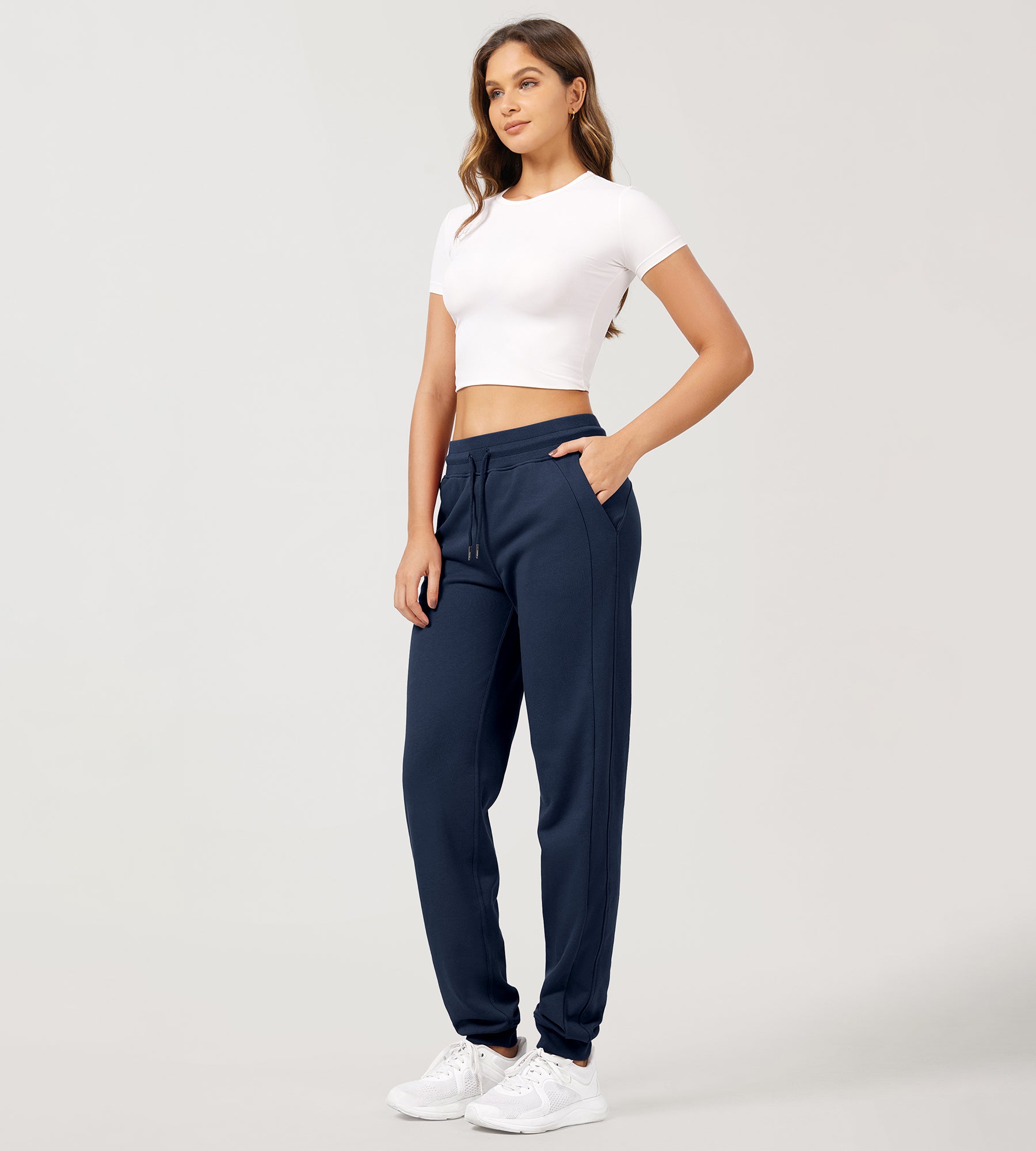 Cotton French Terry Drawstring Casual Sweatpants Deep Navy - ododos