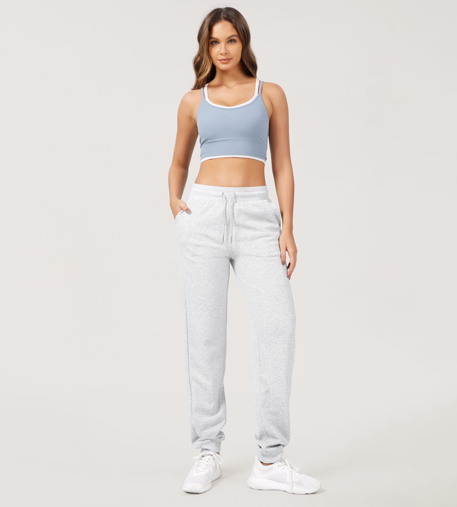 Cotton French Terry Drawstring Casual Sweatpants Heather White - ododos