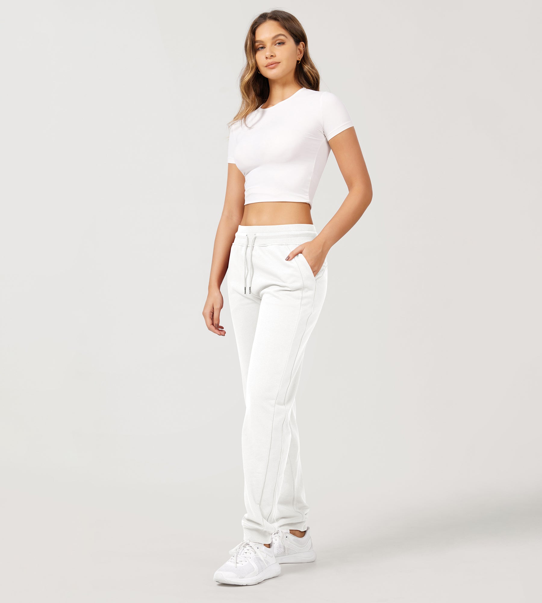 Cotton French Terry Drawstring Casual Sweatpants White - ododos