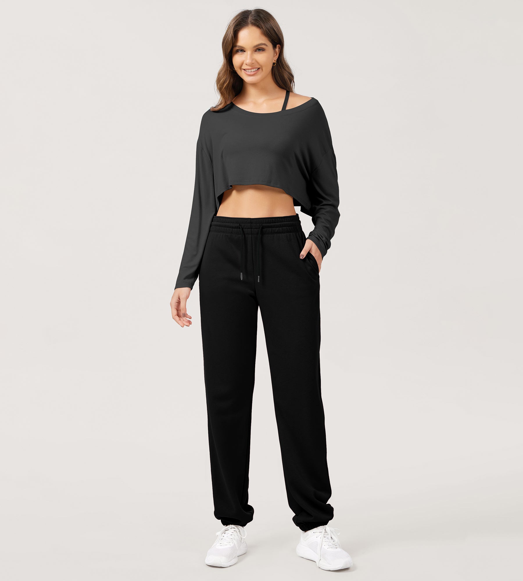 Cotton French Terry High Waist Drawstring Lounge Pants Black - ododos