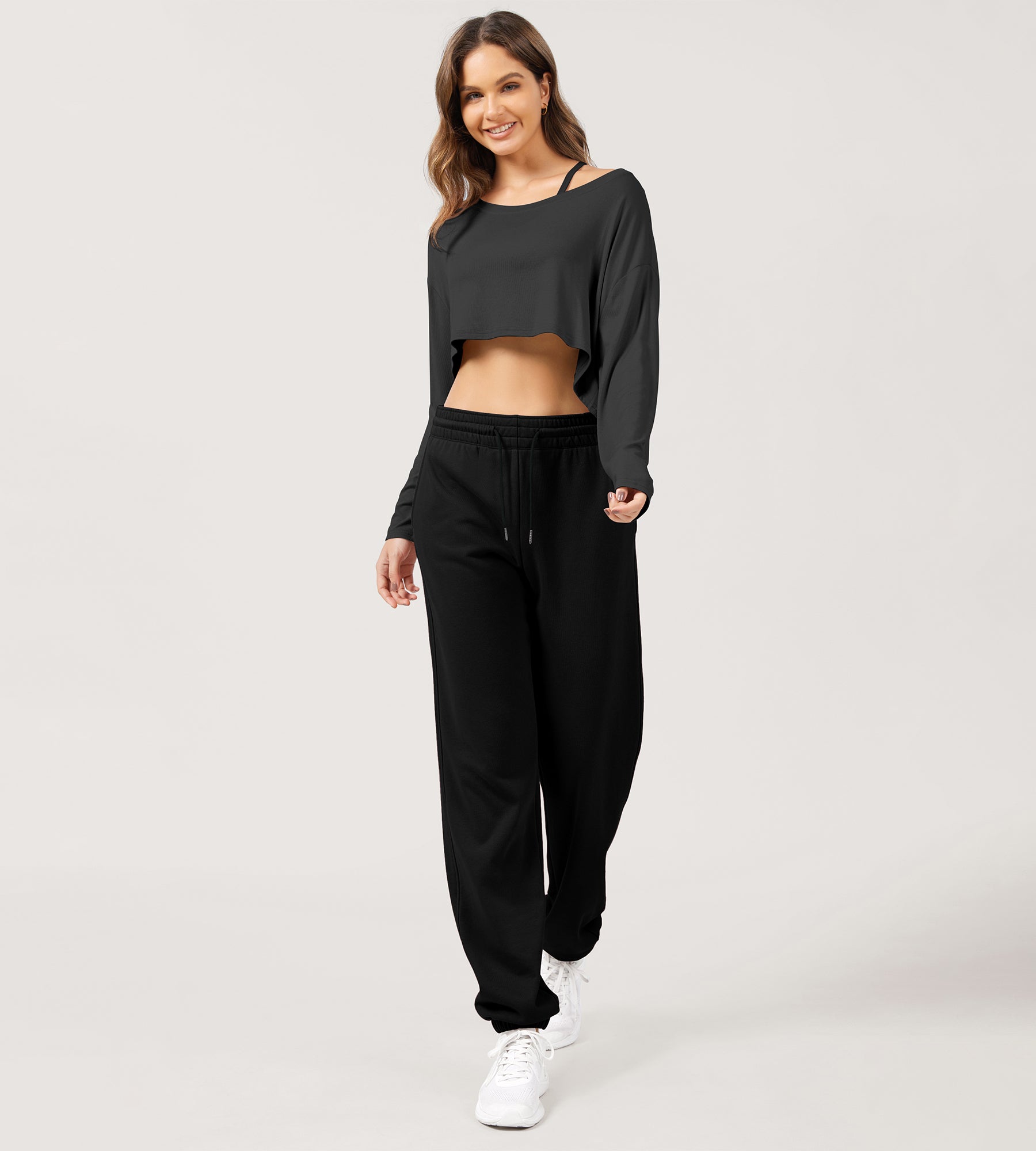 Cotton French Terry High Waist Drawstring Lounge Pants - ododos