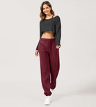 Cotton French Terry High Waist Drawstring Lounge Pants Burgundy - ododos