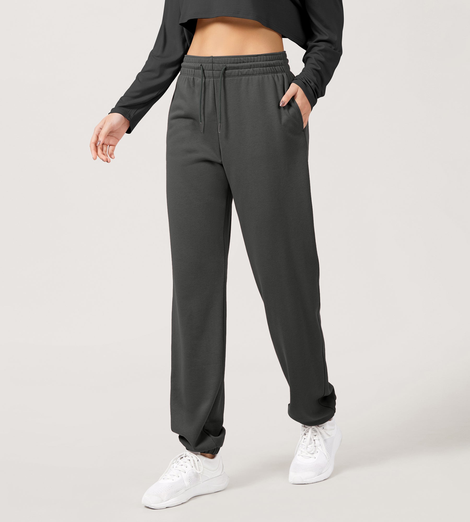 Cotton French Terry High Waist Drawstring Lounge Pants - ododos