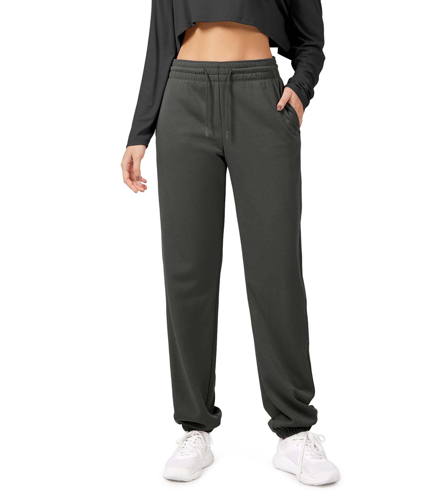 Cotton French Terry High Waist Drawstring Lounge Pants - ododos