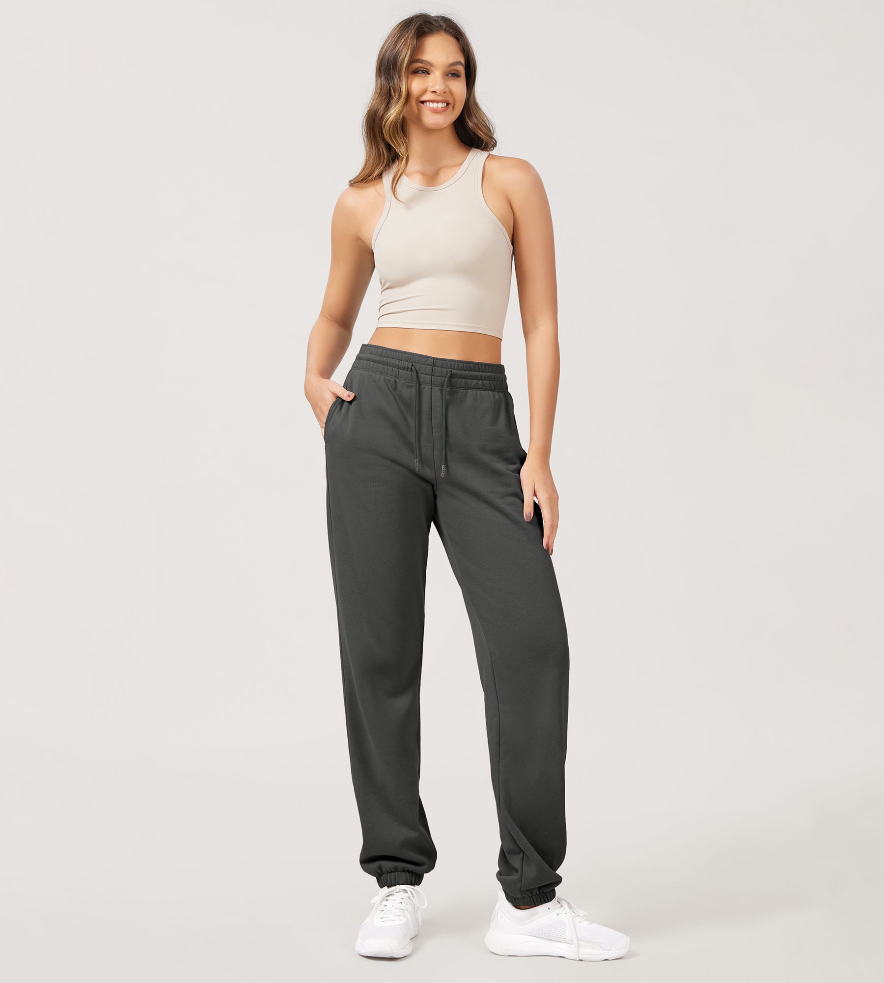 Cotton French Terry High Waist Drawstring Lounge Pants Charcoal - ododos