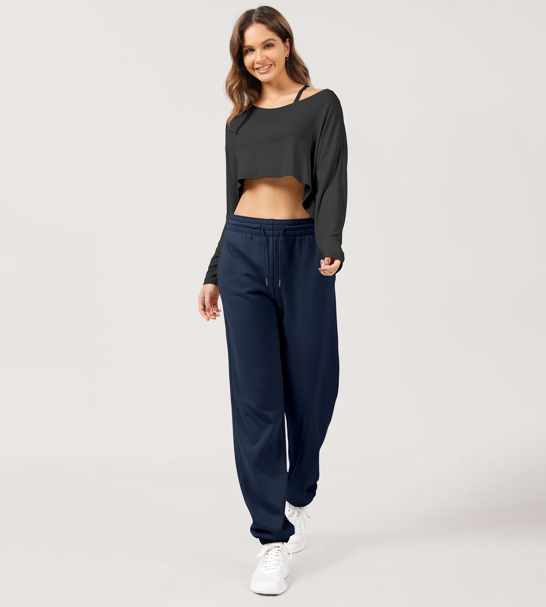 Cotton French Terry High Waist Drawstring Lounge Pants Deep Navy - ododos