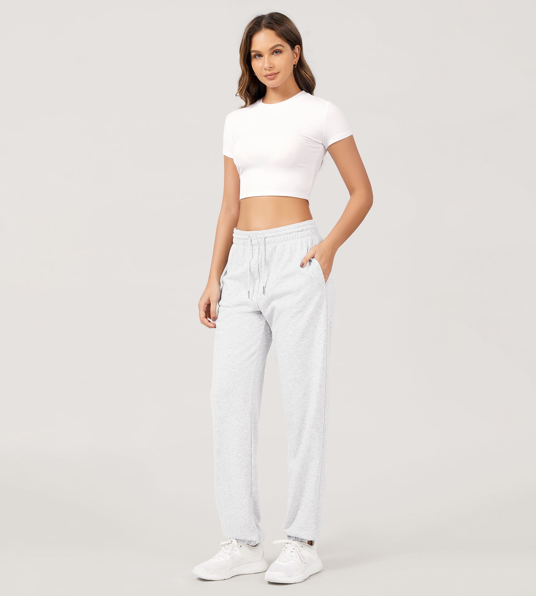 Cotton French Terry High Waist Drawstring Lounge Pants Heather White - ododos