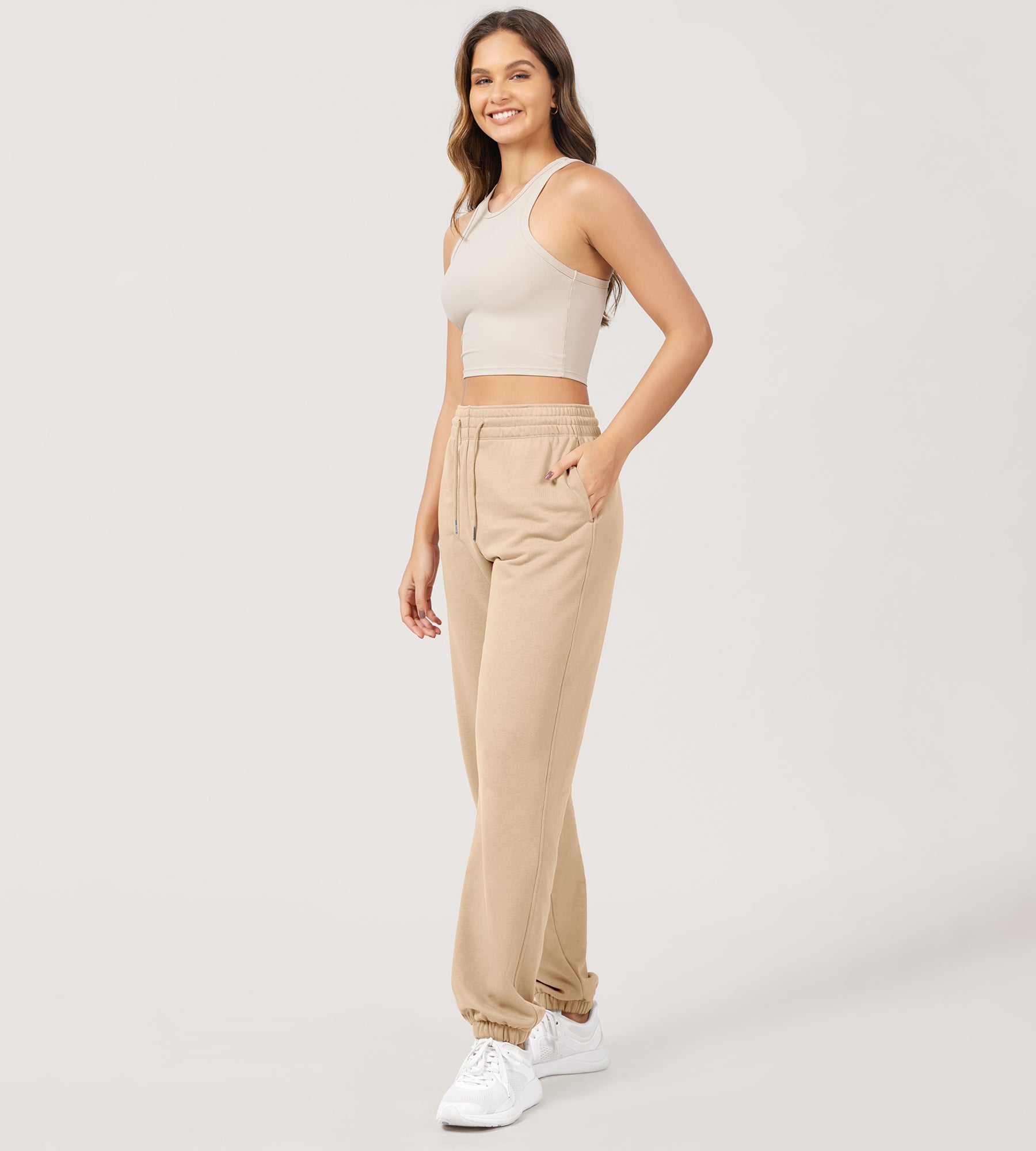 Cotton French Terry High Waist Drawstring Lounge Pants - ododos