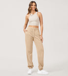 Cotton French Terry High Waist Drawstring Lounge Pants Khaki - ododos